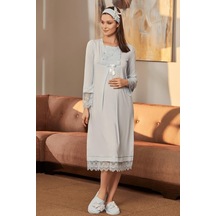 Mecit Pijama Mecit 5209 Mavi Dantel Kol Detaylı Hamile Lohusa Gecelik