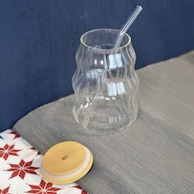 Paçii Bambu Kapaklı Pipetli Çizgili Bardak - Açık Kahverengi / Şeffaf - 450 Ml Renkli