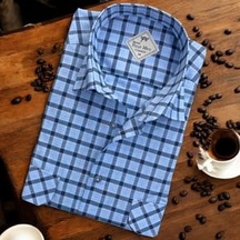 Eren Style Linen Keten Klasik Uzun Kollu İki Cepli Kapaklı Mavi Baba Gömleği Regular Kalıp Açık Mavi
