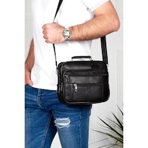 Newish Polo Erkek Hakiki Deri Çelik Kasalı Omuz Ve El Çantası Orta Boy - New416 Siyah
