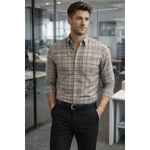 Erkek Ekose Slim Fit Gömlek Uzun Kollu Pamuklu Günlük & Casual Şık Gömlek Bej