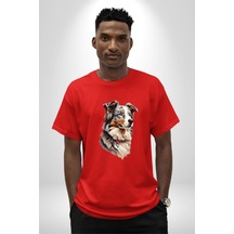 Australian Shepherd Köpek Pamuklu Bisiklet Yaka Unisex Oversize Boyfriend Dijital Baskılı Kırmızı T-shirt Kırmızı