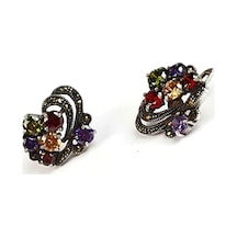 Renkli Zirkon Taşlı Markazit Taş Detaylı Gümüş Küpe