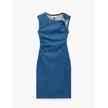 Koton Metal Aksesuarlı Kolsuz Pamuklu Drapeli Denim Midi Elbise Orta İndigo 6sal80031md