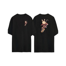 Thewert Unisex Samurai Rabbit With Skateboard Ön Arka Baskılı Sıyah Oversize T-shirt Siyah