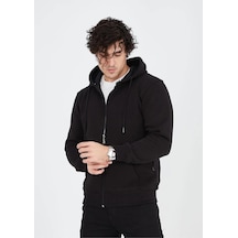 Erkek 3 İplik Pamuklu Kapüşonlu Tam Fermuarlı Cepli Hoodie Sweatshirt - Siyah