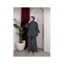 Hira Life Fashion Kadın Çilek Kumaş Dik Yaka Düğmeli Fırfır Detaylı Tesettür Tunik Pantolon İkili Takım Gri Gri