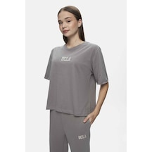 Ucla Manuela Gri Bisiklet Yaka Tshirt Nakışlı Loose Fit Kadın Tshirt Gri