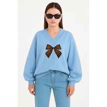 Benroma Kurdela Baskılı Ünisex V Yaka Sweatshirt Bebe Mavisi