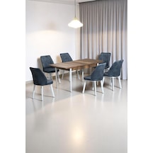 Sera Ceviz 80 x 132 Açılabilen MDF Masa Beyaz Metal Ayaklı Mutfak Masası 6 Kot Füme Sandalye