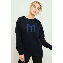 Kayı Boyu Baskılı Siyah Kadın Sweatshirt