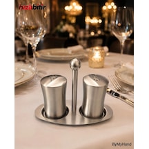 Bymyhand Paslanmaz Çelik Stantlı İnox Ev Lokanta Ve Restoran İçin Tuzluk Ve Karabiberlik 2'li Set Metalik Gri