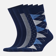 Erkek Bambu Çorap Lacivert Desenli Dikişsiz Premium 5 Çift Soket Çorap 40-44