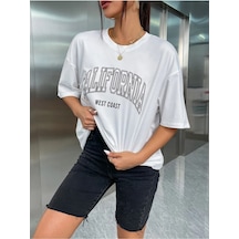 California West Coast Süprem T-shirt - Beyaz Baskılı Oversize Bisiklet Yaka Tişört Beyaz