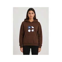 Herkesemoda Deniz Kabukları Baskılı Kapüşonlu 2 İplik Şardonlu Sweatshirt Kahverengi