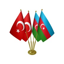 Masa Üstü Azerbaycan Bayrağı Türk Bayrağı Dörtlü Pirinç Direk Mas