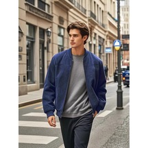 Sonbahar Ve Kış Dik Yaka Bol Retro Fermuarlı Erkek Ceketi Koyu Mavi