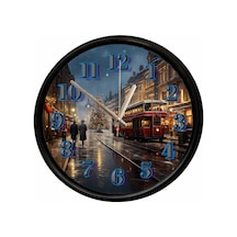 Nostaljik Tramvay Ve Yılbaşı Şehri Tasarımlı Dekoratif Duvar Saati 28 Cm Sessiz Mekanizma Çok Renkli