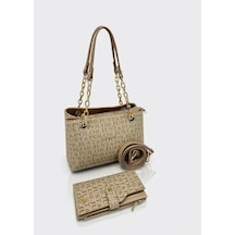 Just Polo Kadın Günlük & Özel Günlere Uygun Baskılı Şık Omuz Çantası Ve Cüzdanı Kombin Shopper Vizon