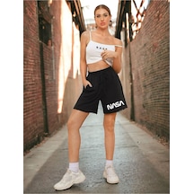 Benroma Nasa Baskılı Unisex Salaş Şort Siyah