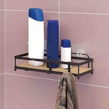 Ahşap Görünümlü Kancalı Banyo Duş Rafı - Siyah Çok Renkli