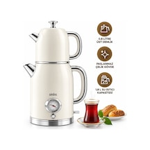 Çapa Makinesi Krem Elektrikli Cam Demlikli Plastik Retro Çay Seti Çaycı Derece Göstergeli 1600w 1.8lt - 1lt Stm-5849