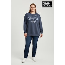 Süperlife Kadın Büyük Beden El Yazılı Brooklyn Baskılı Bisiklet Yaka İnce Sweatshirt Spr26bswk956-6 İndigo