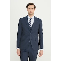 AC&Co / Altınyıldız Classics Erkek Lacı Slim Fit Dar Kesim Mono Yaka Yelekli Takım Elbise Lacı Lacivert