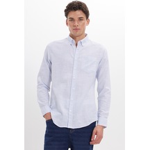 Tudors Erkek Slim Fit Dar Kesim %100 Pamuk Düğmeli Yaka Çizgili Uzun Kollu Cepli Keten Efektli Mavi Gömlek-46428