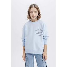 DeFacto Kız Çocuk Relax Fit Bisiklet Yaka Baskılı Sweatshirt D8546A825SPBE745 Mavi