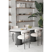 Avvio Anka Teddy Sandalye Bohem Lake Mdf Ayak 80x140 Oval Yemek Masası Mutfak Masası Masa Sandalye Takımı Beyaz