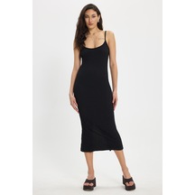 Tudors Kadın Slim Fit Vücuda Oturan Askılı Likralı Midi Boy Siyah Elbise-50317