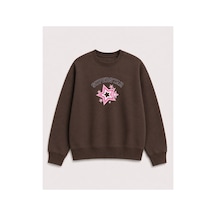 Herkesemoda Süperstar Baskılı 2 İplik Şardonlu Bisiklet Yaka Sweatshirt Kahverengi