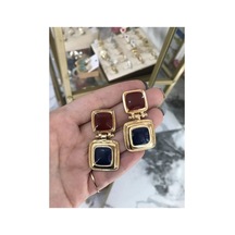 Gold Çerçeveli Retro İkili Taş Küpe Lacivert & Bordo Kare Model, Gösterişli Vintage Sarkıt Küpe Çok Renkli