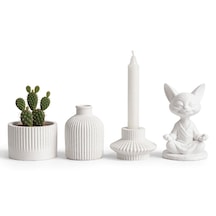 Zen Garden Seti 4 Parça - El Yapımı - Rillen Vazo Saksı Mumluk Ve Zen Cat Figürü - Taş Tozu - Beyaz