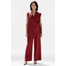 Benerly Kadın Büyük Beden Kolsuz Kruvaze Yaka Oversize Bluz Pantolon Takı Bordo