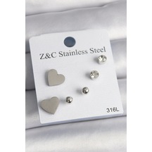 316l Çelik Gümüş Renk Zirkon Taşlı Kalpli Kadın Küpe Seti Çok Renkli