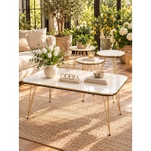 Odera Çift Gold Beyaz Elips Orta Sehpa Ve Yuvarlak Zigon Sehpa 4'lü Set Gold Tel Metal Ayaklı Retro Modern Salon Sehpası Diğer