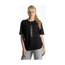 Unisex Siyah Pamuklu Rahat Kesim Oversize T-shirt Ayların Evreleri Baskılı Siyah