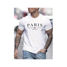 Caddemia Yaz Rahat Gevşek Büyük Boy Paris Fransız Desen Baskılı Rahat Yuvarlak Yaka Beyaz 2XL