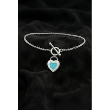 Roza Silver 925 Ayar Turkuaz Mineli Kalp Kilit Detaylı Charm Gümüş Bileklik Ayarlanabilir Rzb10087 Gümüş