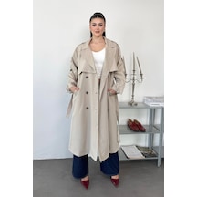 Jee Lee Kadın Kruvaze Yaka Beli Kuşaklı Uzun Trençkot Taş - 27k 3019