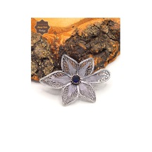Safir Taşlı Lotus Model Oksitli Telkari Gümüş Kadın Broş 201025191 Gümüş