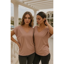 Kadın Pembe Viskon Ön Arka V Yakalı T-shirt Yarasa Kol Relaxed Bluz Çok Renkli