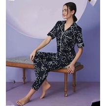 Miss Klein Kadın Büyük Beden Gömlek Yaka Pamuklu Likralı Kısa Kol Pijama Takımı 1130 - 1 Adet Lacivert