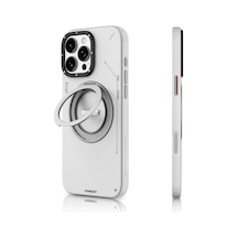 iPhone Uyumlu 16 Pro Max Kılıf Magsafe Özellikli 360 Standlı Deri Desenli Youngkit Tech Leather Serisi Gri Gri