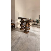 Wood Wooden Ahşap 3 Lü Set Fitilli Mantar Yan Sehpa / Ceviz Renk