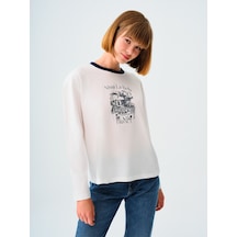 Oversize Kadın Tshirt U.kol Off Whıte Blue