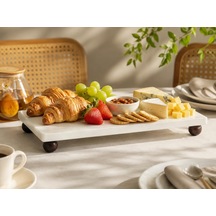 Beyaz Mermer Ahşap Ayaklı Sunum Tepsisi 15x30 Cm Dekoratif Lüks Sofra Servis Tepsisi