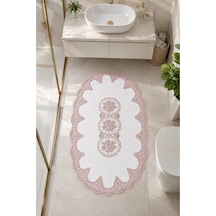 Pudra Dantelli Kaymaz Deri Tabanlı Oval Banyo Paspası Güpürlü Yıkanabilir Banyo Takımı Liana